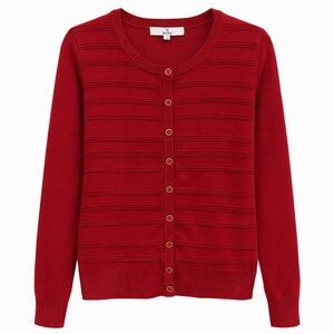 Marled Red Crewneck Button-Front Ribbed Cardigan